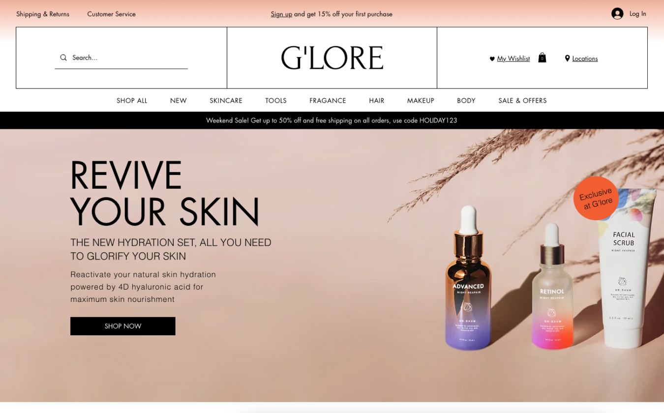 A website template for an online store selling skin care products on Wix.