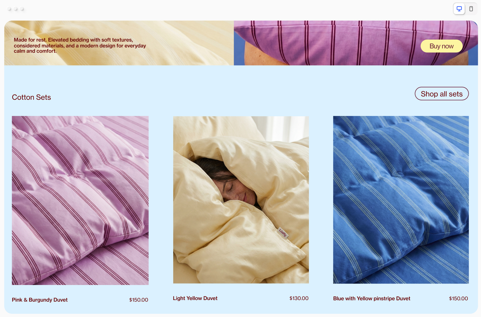 A homepage for a bedding website