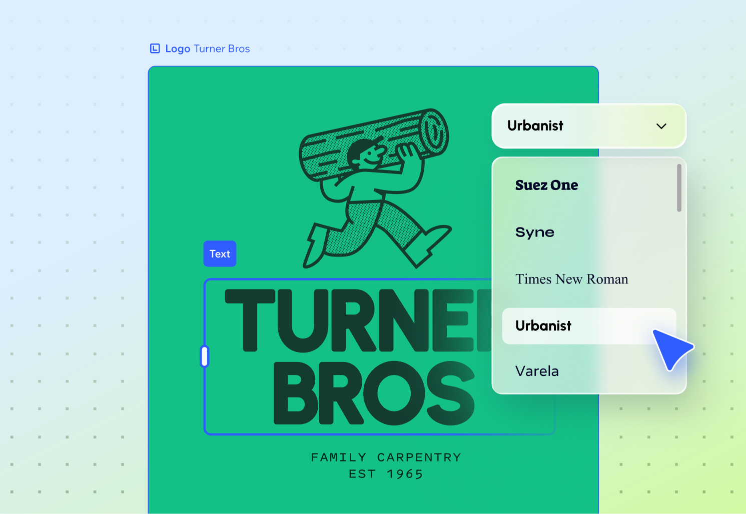 A logo for a carpentry business with a green background and an image of a man carrying a log. The logo text is selected, and overlaying the design is a dropdown menu where the mouse is hovering over a new font.