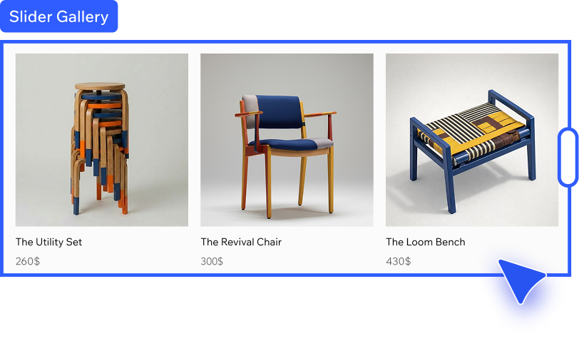 A slider gallery component showcasing three unique furniture pieces dragged into a site.